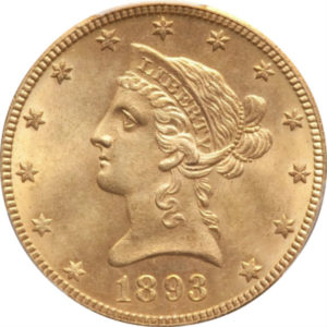 同列トップグレード 10ドル 金貨 激戦のアメリカコインのトップグレードがこの価格で？ リバティーヘッド モットーあり タイプ3 ニューオーリンズミント 1893年 MS63 PCGS