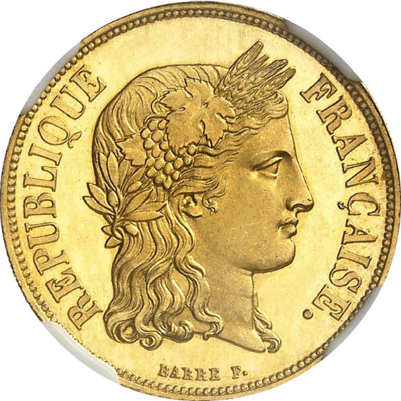 オンリーワングレード 試鋳貨 20フラン(ブランク) フランス ブロンズ(金メッキ) 第二共和政 1848年 ウルトラカメオ プルーフ PF64 NGC