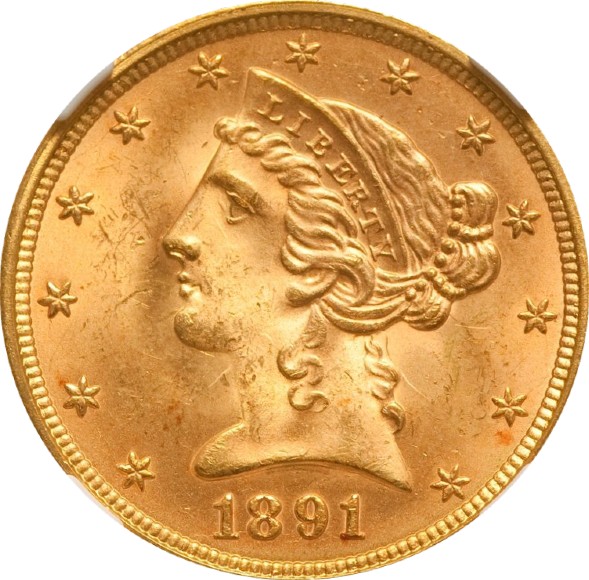 トップグレード(同列) 5ドル金貨 リバティーヘッド アメリカ 1891年 モットーあり タイプ２ MS65 NGC